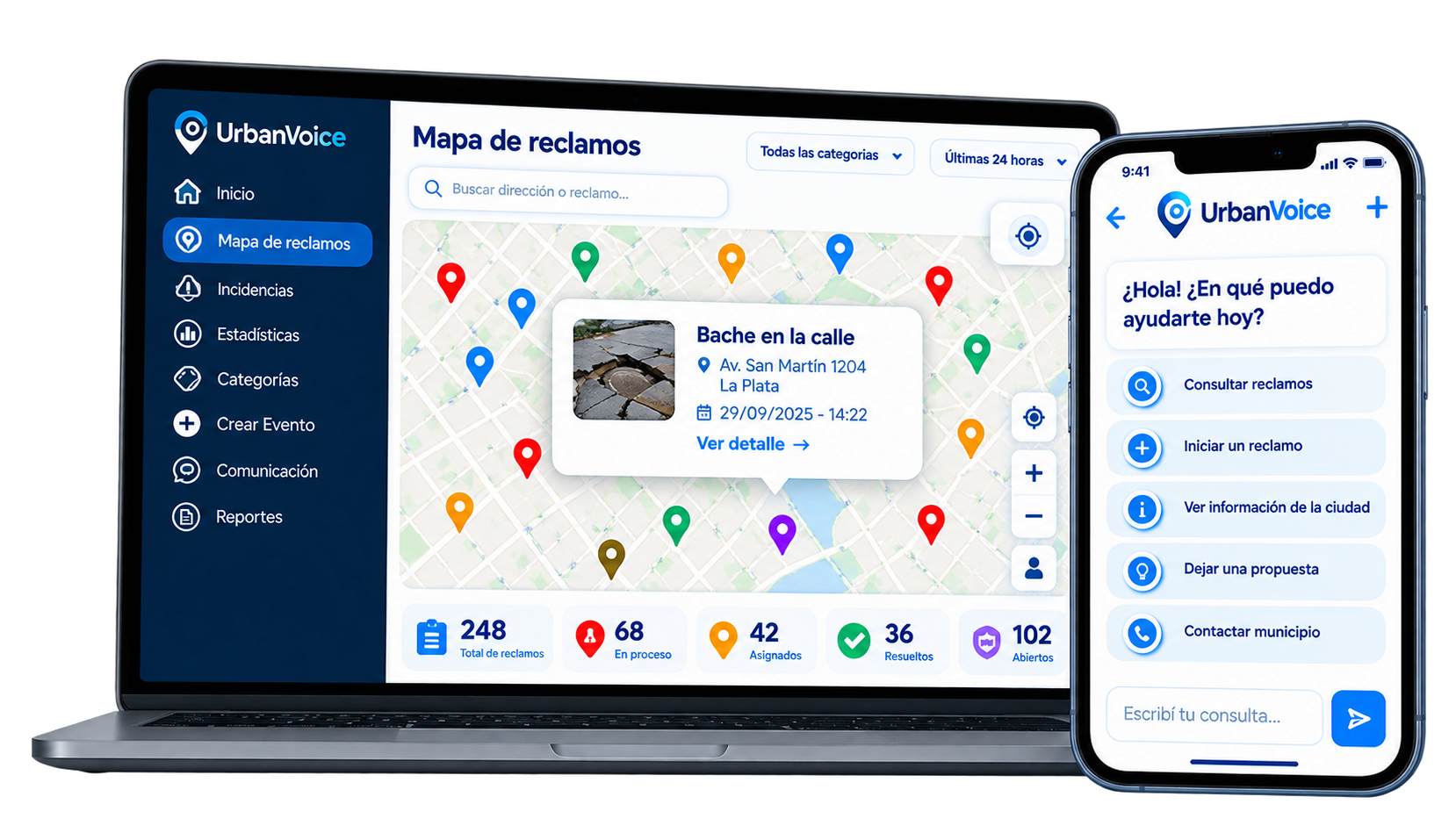 Mapa de reclamos UrbanVoice y asistente ciudadano